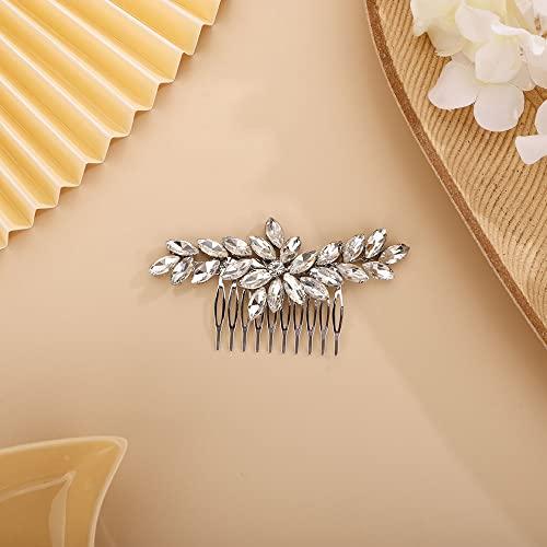 Chargances Chargances Wedding Brides Crystal Hair Comb Bridesmaid Silver Rhinestone Flower Hair Side Comb Fahsion Handmade Hair Accessories for Women Girls Porm Head Pieces (Silver)