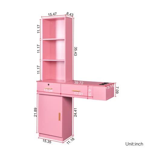 Zaboro Wall Mount Hair Styling, Barber Station Beauty Hair Salon Spa Equipment Set,Floating Vanity Makeup Table with Two Drawers,a Cabinet & Multi-Layer Storage (Pink)