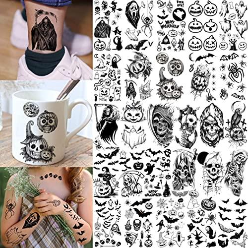 Shegazzi Shegazzi 52 Sheets Halloween Temporary Tattoos For Kids Boys Girls Women Men, 3D Scary Skull Skeleton Fake Tattoos Sticker For Adults, Small Ghost Vampire Bat Pumpkin Spider Temp Transfer Tatoos Devil