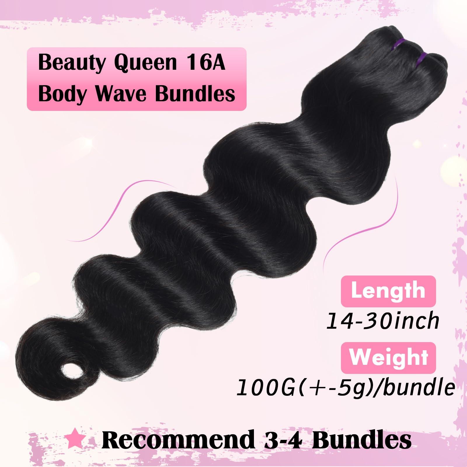 Beauty Queen Beauty Queen 16A Body Wave Bundles Human Hair 26 28 30 Inch 100% Unprocessed Thick Human Hair Bundles Brazilian Weave 3 Bundles Remy Virgin Hair Extensions Natural Color For Women
