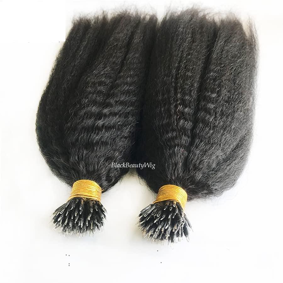 TPFHR Kinky Straight Nano Ring Human Hair Extension Micro Link Brazilian Remy Nano Tip Hair Coarse Italian Yaki For Black Women 100g 100strands (18inch 100strands, 1(Jet Black))