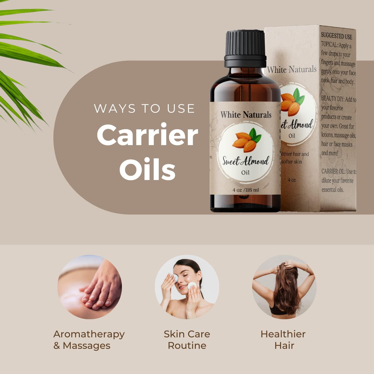 White Naturals Sweet Almond Oil for Hair and Skin, 100% Pure and Natural Cold Pressed, Hexane Free, Skin Moisturizer, Nails, Therapeutic Massage, Carrier Oil