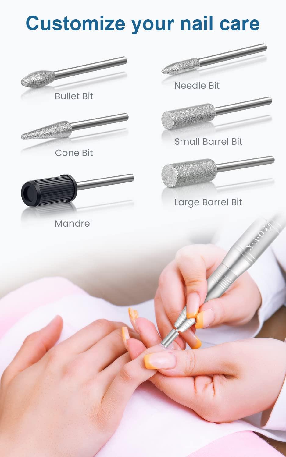 OVX Nail Drills for Acrylic Nails Professional, Portable Electric Nail Filer Kit for Gel Nail with 6 PCS Nail Drill Bits and Sanding Bands Manicure Pedicure Polishing Shape Tools for Home Salon Silvery