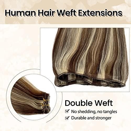 Benafee Sew in Hair Extensions Human Hair 14” Double Weft Sew in Weft Hair Extensions Dark Brown to Bleach Blonde Human Hair Weave Bundles Hand Tied Weft Hair Extensions Human Hair Sew in Hair Extensions