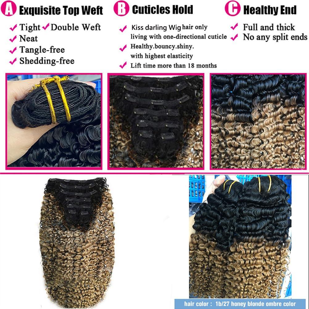 Kiss darling LASHES 3B 3C Curly Seamless Clip Ins Extensions Ombre Blonde Clip ins Two Tone T#1B/27 Black to Strawberry Blonde 3B 3C Afro Curly Clip ins Human Hair Extensions 10\"inch
