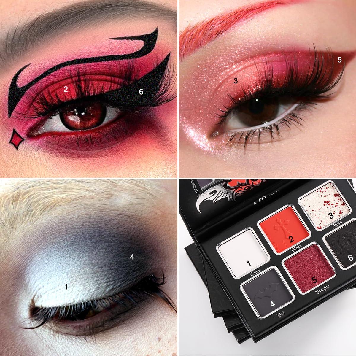 La Catrina Black Red Eyeshadow Palette, Highly Pigmented True Red White Dark Grey Goth Smoky Eyeshadow Palette, 6 Color Matte Shimmer Burgundy Metallic Halloween Makeup Palette for Zombie Vampire Clown,Blendable