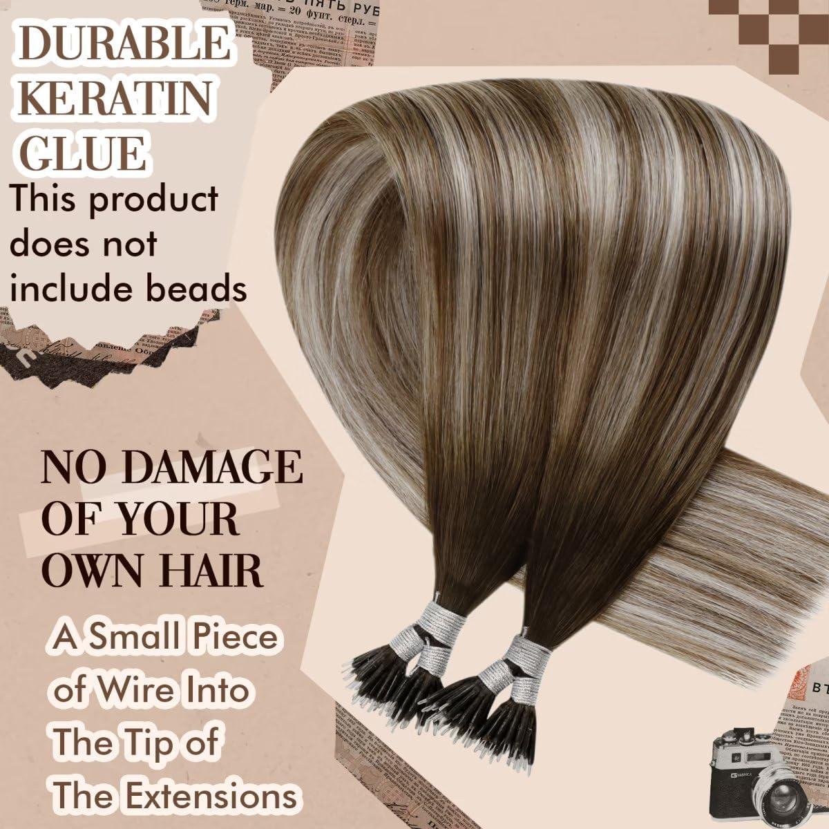 Hetto Hetto Nano Ring Hair Extensions Remy Hair Nano Hair Extensions Balayage Darker Brown to Light Brown with Medium Blonde Nano Bead Hair Extensions Pre Bonded Human Hair 16 Inch 50 Strands 50g