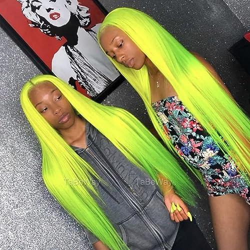 TaBeWay Neon Green Lace Front Wig Long Straight Hair Glueless Lace Wigs for Fashion Women Bright Yellow Fluorescent Green Pre Plucked Natural Hairline Synthetic Lace Front Wigs