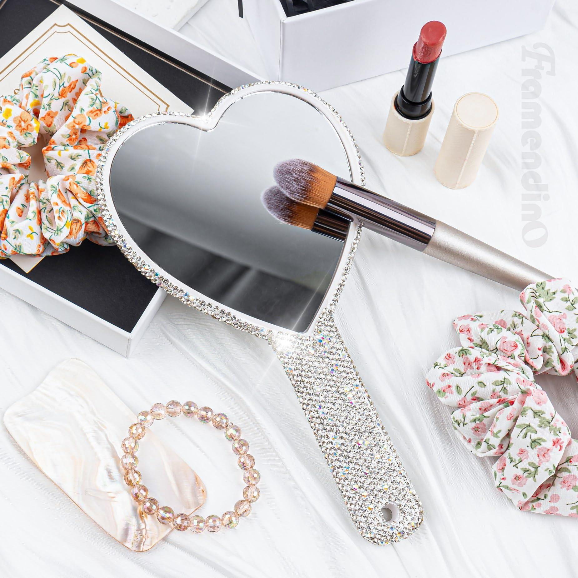 Framendino Framendino, 1 Pack Large Bling Handheld Mirror Heart Rhinestone Glitter Cosmetic Dazzling Portable Hand Mirrors with Handle for Women Wedding White Silver