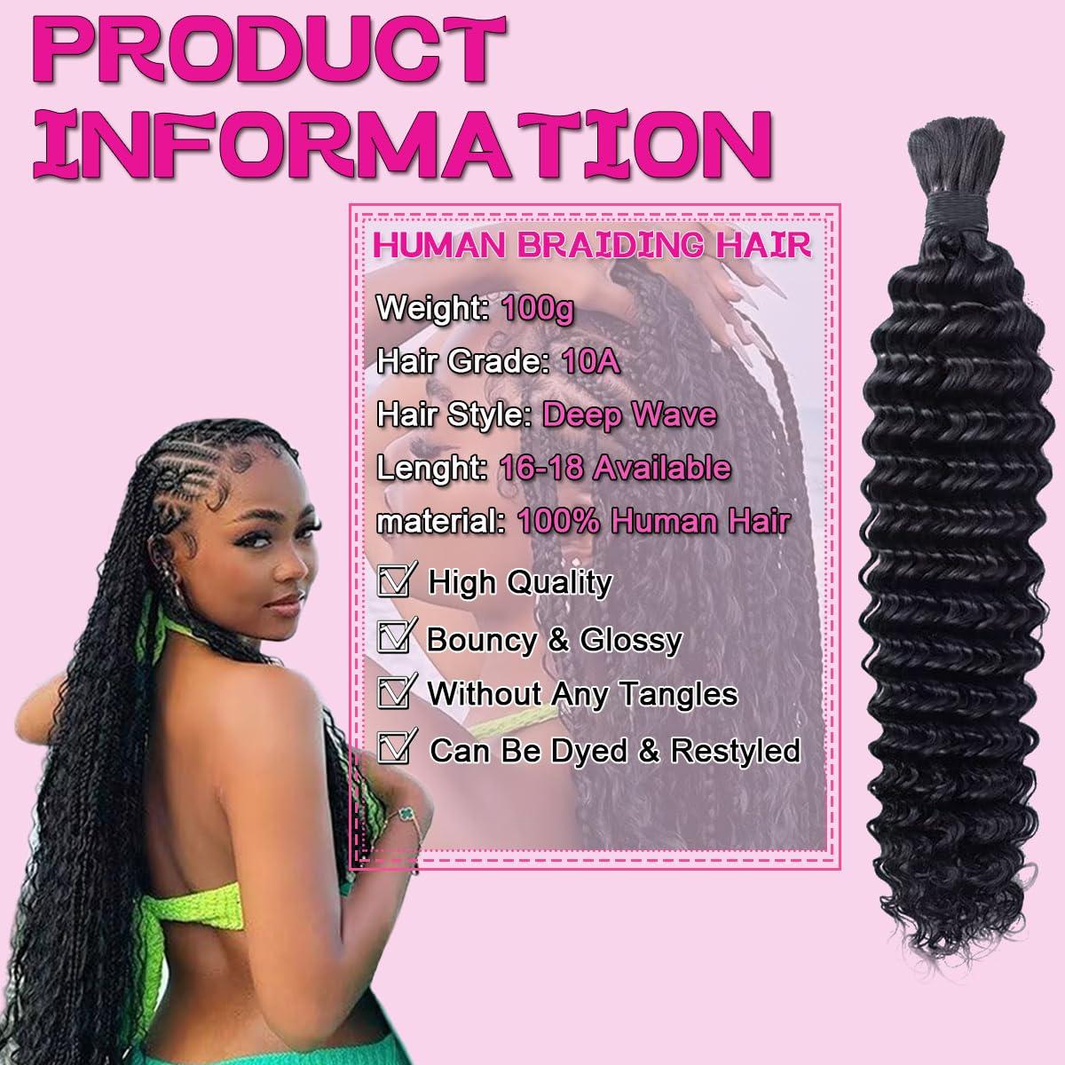 CSCHS Human Braiding Hair for Boho Braids 100g Deep Wave Bulk Human Hair for Braiding 10A Brazilian Curly Human Hair Braiding for Boho Knotless Braids (16 Inch - 100g/Bundle)