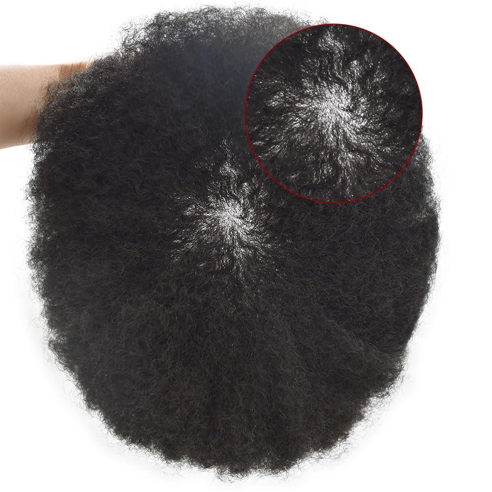 RESHE Afro Toupee For Black Men Ultra Thin Skin Hairpieces African American Men Hair Units For Mens Toupee V-Looped Human Hair Replacement System Male Hair Prosthesis 0.06mm 8X10-1# JET BLACK-14mm wave
