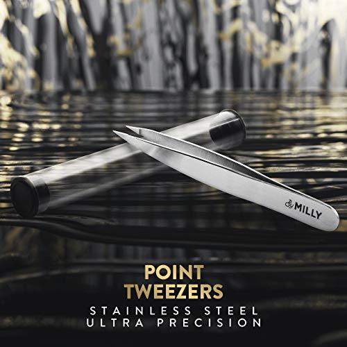 By MILLY By MILLY Pointed Tweezers | High Carbon Stainless Steel Needle Nose Tweezers | Fine Point Tweezers Precision Hair Removal | Perfectly Aligned & Hand-Filed Sharp Tweezers | Silver