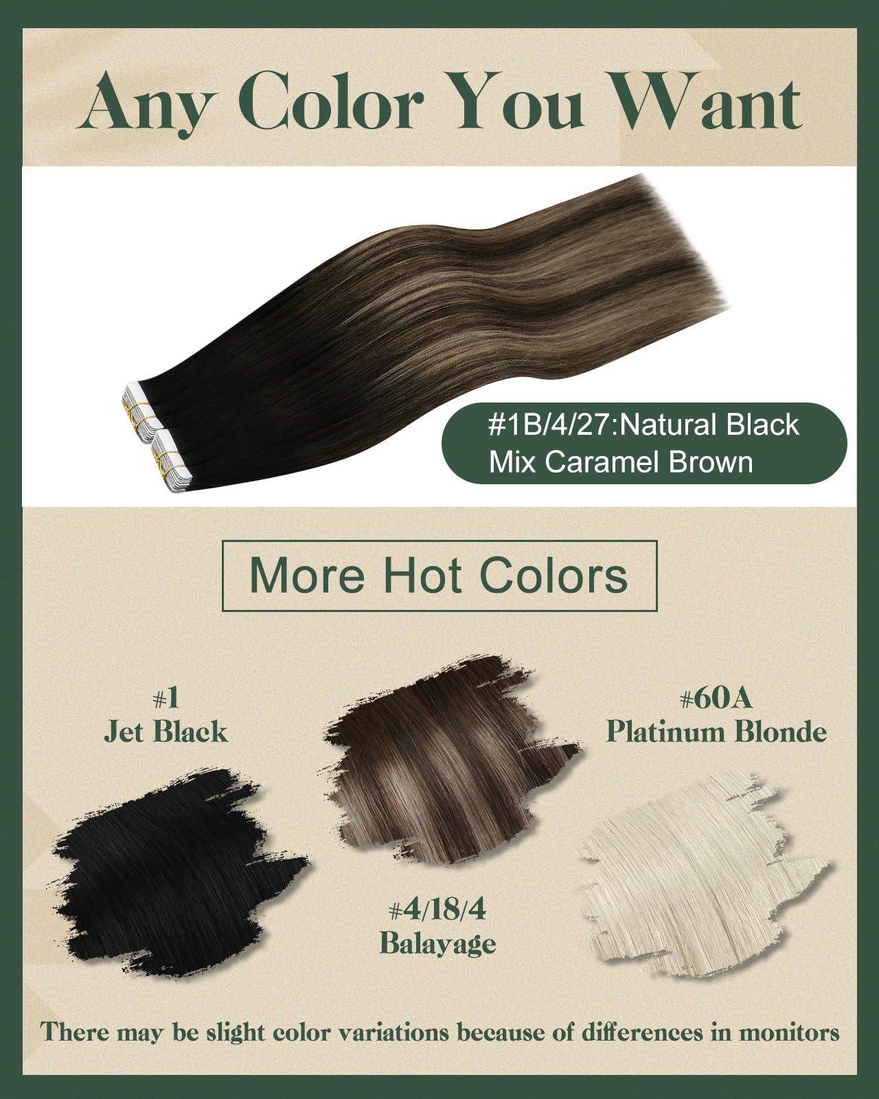 Ugeat Ugeat Balayage Brown Tape ins Human Hair Extensions Natural Black to Dark Brown Mix Caramel Blonde Ombre Seamless Tape in Hair Extensions for Women 22 Inch Add Length 20Pcs 50G