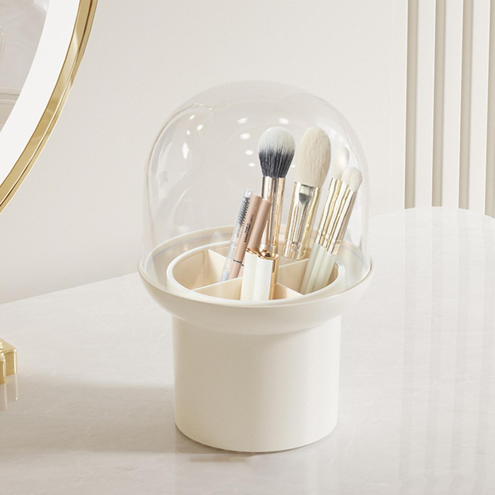 EsEico EsEico Covered Makeup Brush Holder, 360 Rotating Dustproof Make Up Brushes Container, Clear Dustproof Make Up Brushes Cup, Covered Cosmetic Container, Storage Box For Countertop Organization, White