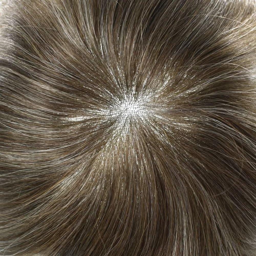 JUST HAIR French Lace Front Mens Toupee European Human Hair Piece Bleached Knots Natural Hairline Men Hair System Toupee for Men Hair Prostesis8X10\"-100% density#540 Medium Light Brown+40% Gray