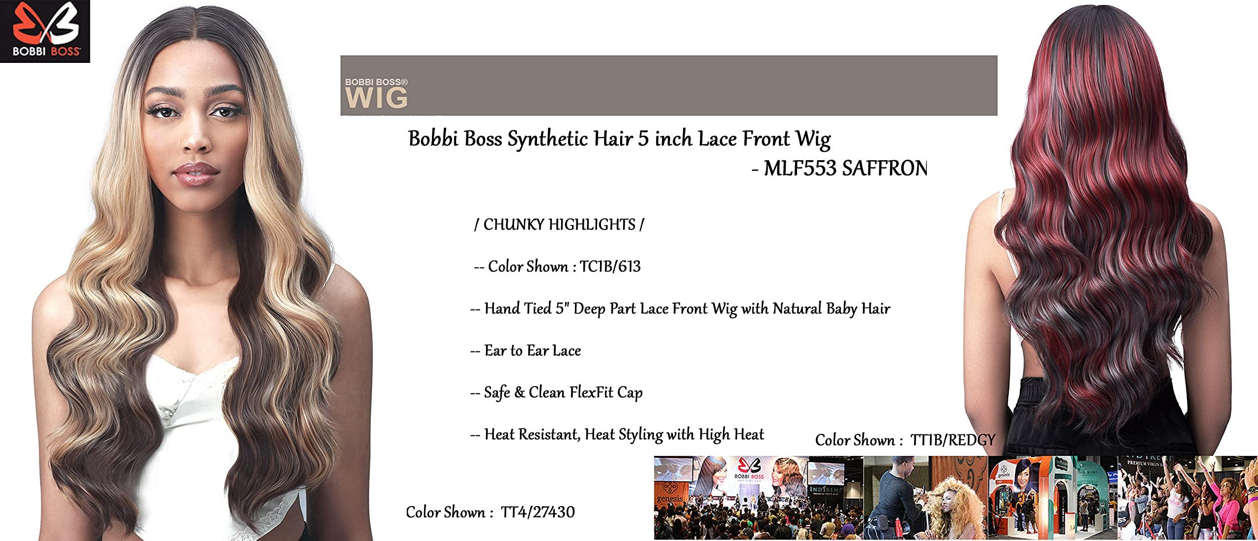 BOBBI BOSS Bobbi Boss Long Curly Synthetic Hair Wigs, 5 inch Lace Front Wig - MLF554 ROSEWOOD, Hand Tied Deep Part Lace Front Wigs with Natural Baby Hair, High Heat Resistant wigs (TC1B/BUR, Natural Black, Highlight Burgundy)