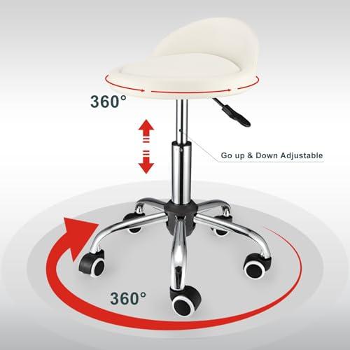 FNZIR FNZIR Swivel Rolling Stool with Wheels Height Adjustable Stool Chair Drafting Chair with Backrest White