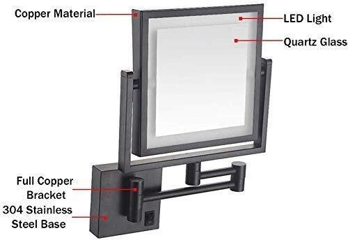 Generic Vanity Mirror Makeup Mirror Two-Sided Square Makeup Mirror,Vanity Mirror 3X Magnification Led Lighted,Retractable Chrome Finish for Bathroom Wall-Mounted Mirror/Black
