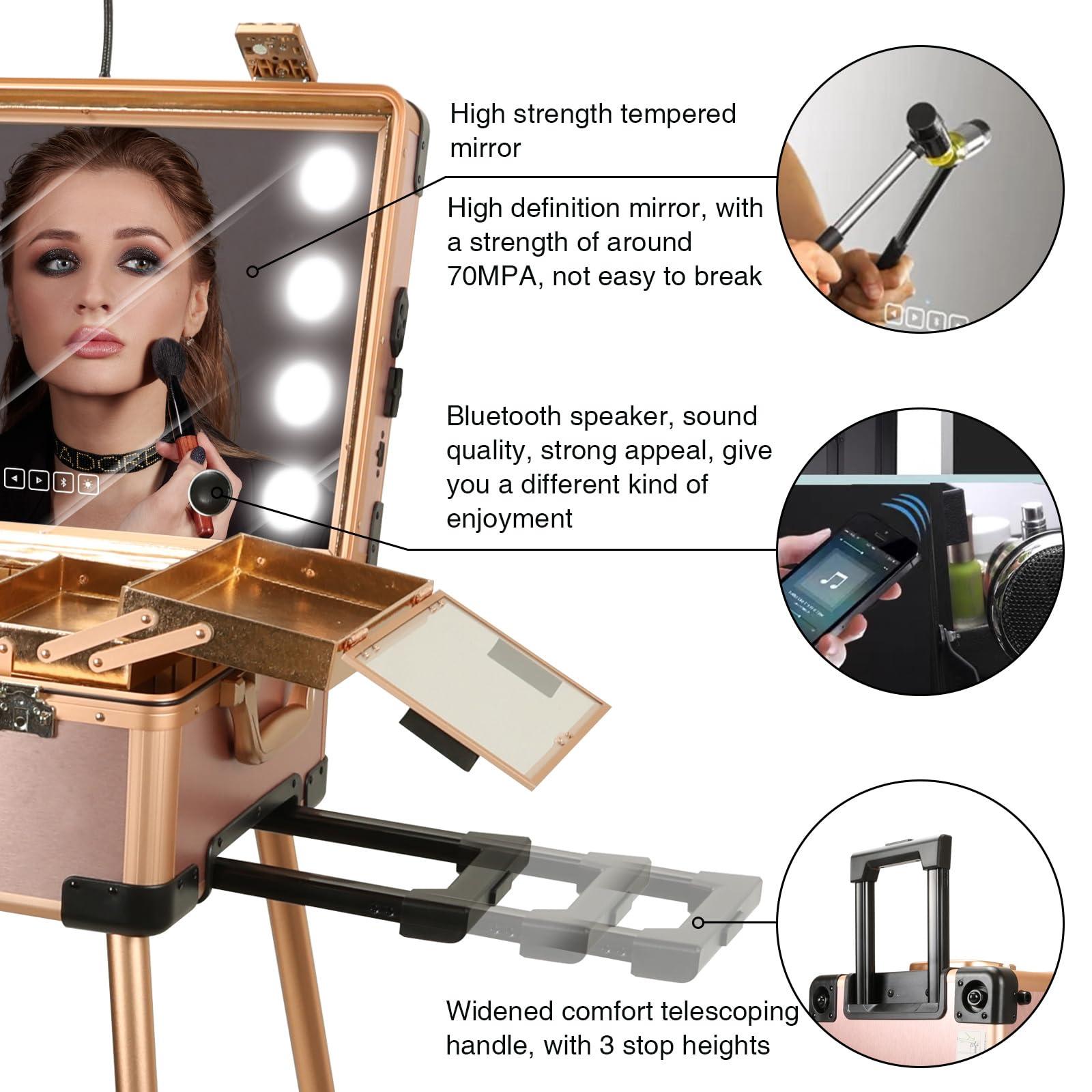 RUKEJUNE RUKEJUNE Rolling Makeup Case with LED Light Mirror Adjustable Legs Lockable Train Table Studio Artist Cosmetic Carry-on Size Rose Gold