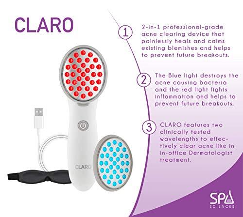 SPA SCIENCES Spa Sciences CLARO Clinically Proven Blue & Red LED Acne Treatment Light Therapy System-FDA Cleared-Rechargeable- Professional Home Acne Healing/Clearing Treatment