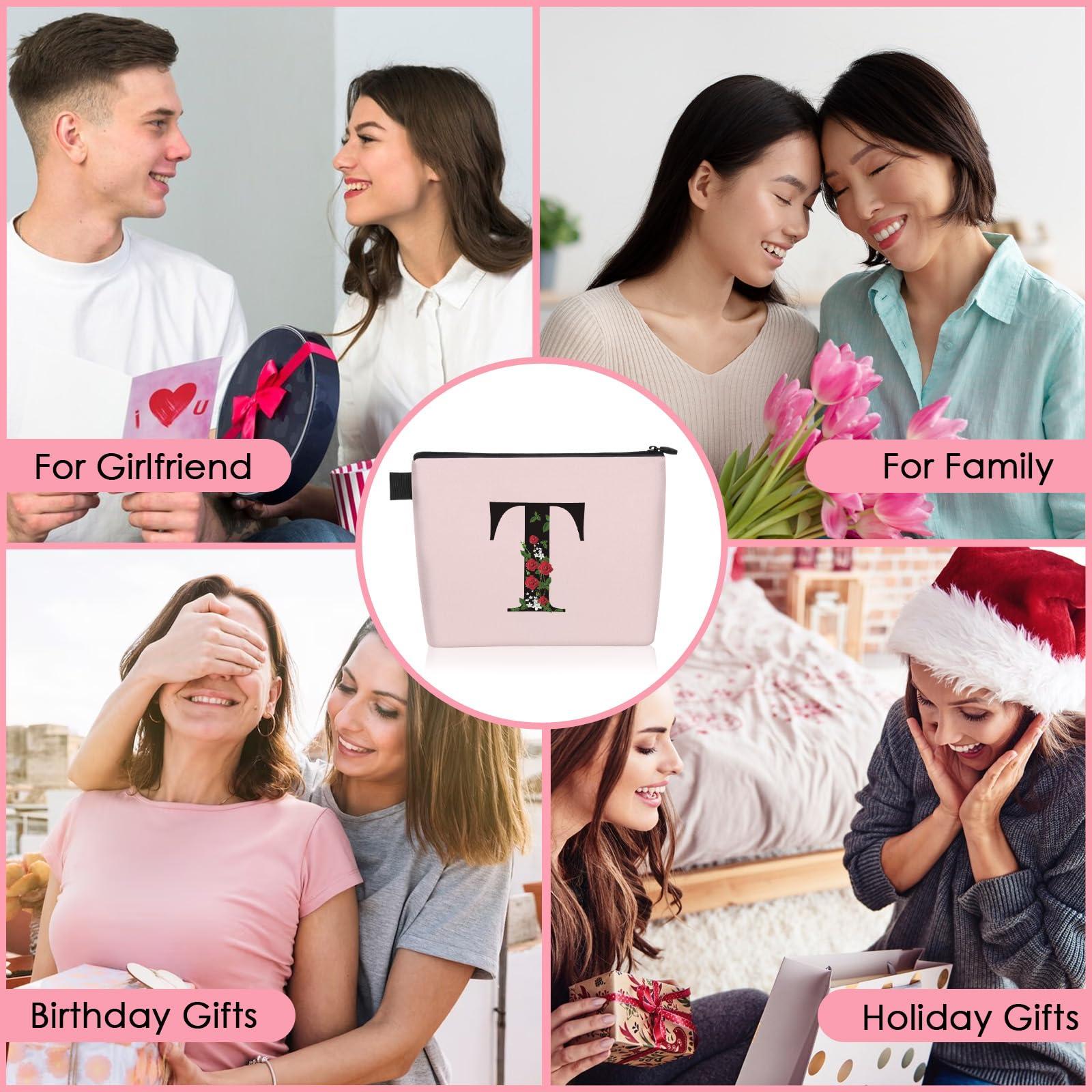 YESMET Personalized Makeup Bag, Initial Letter T Makeup Bag for Women Girl Christmas Gift Monogram Cosmetic Bag Pink Personalized Toiletry Pouch, For Mom Grandma Sister Friends Thanksgiving Christmas Gift