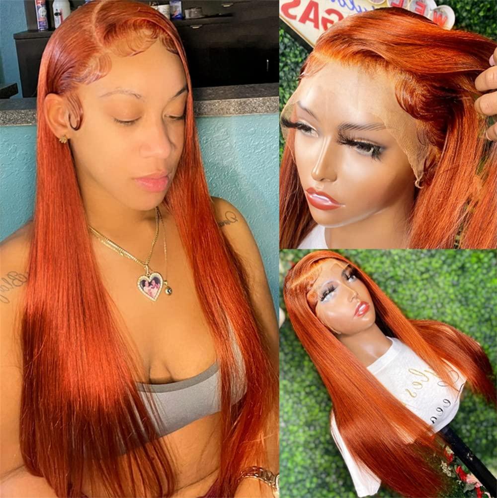 Sogram Orange Ginger Color 13x4 Invisible Lace Front Wigs Human Hair (16 Inch) Straight Brazilian Virgin Lace Front Human Hair Wigs 150% Density Pre Plucked with Natural Hairline (16 Inch, 13x4 Straight