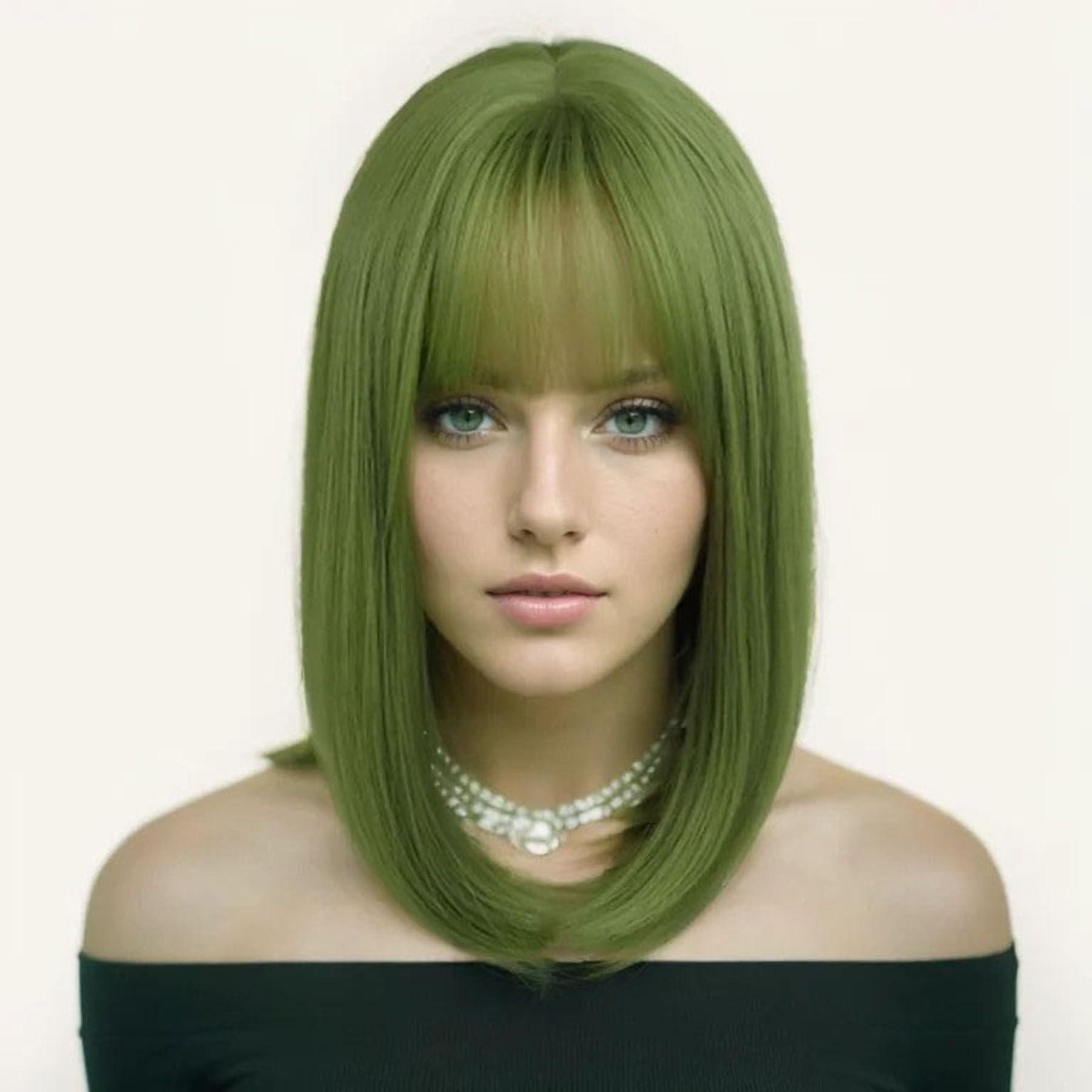 GNIMEGIL GNIMEGIL 16 inches Green Wig Cosplay with Bangs Trendy Short Straight Hair Costume Wig for Women Halloween Carnival Party Wig Heat Resistant Synthetic Fiber