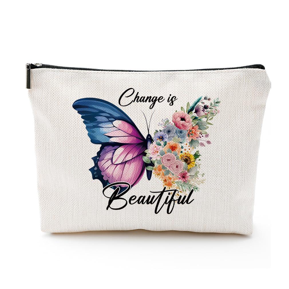 heshengzaixian heshengzaixian Butterfly Inspirational Quotes Makeup Bag for Gilrs Woman,Change is Beautiful Motivation Cosmetic Bag, Portable Waterproof Linen Toiletry Beauty Bag Travel Case Accessories Pouch