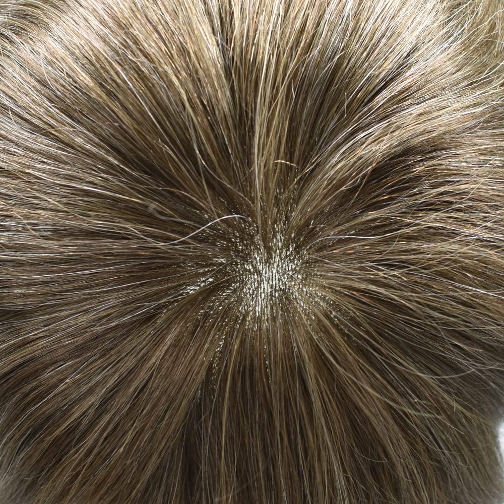 LHC Hair System For Men 0.1MM Full Poly Toupee For Men Human Hair ComfortableWiht durable Mens Hair Pieces Protesis Capilar Para Hombre (8\'\'*10\'\', #740 7# VERY LIGHT BROWN WITH 40% SYNTHETIC GREY -110% light to medium density)