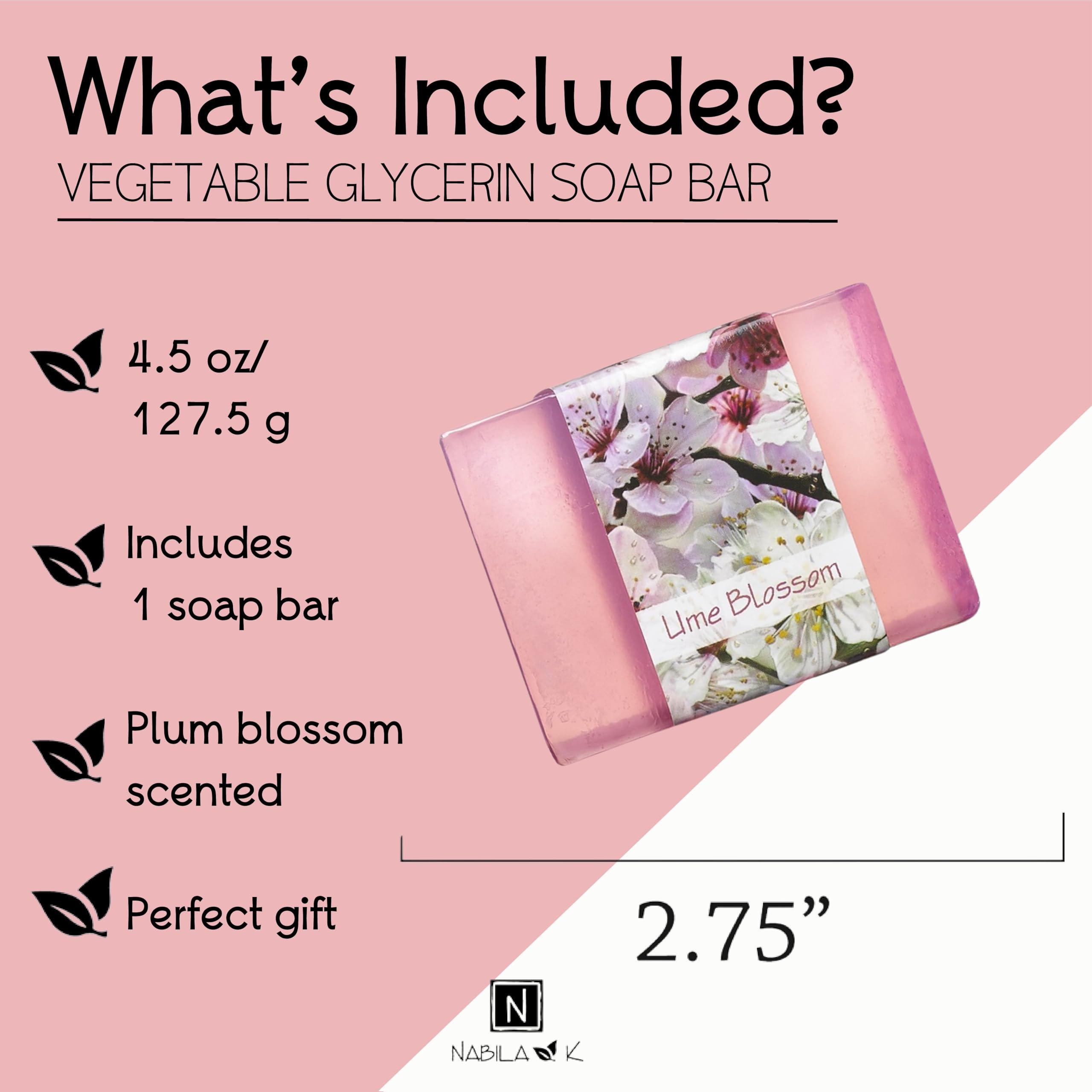 Nabila K Glycerin Bar Soap Ume Blossom Scent - Natural, Vegan-Friendly, Hypoallergenic - Moisturizing and Hydrating with 100% Vegetable Glycerin - Sulfate-Free, Paraben-Free, Chemical-Free - 4.5 oz