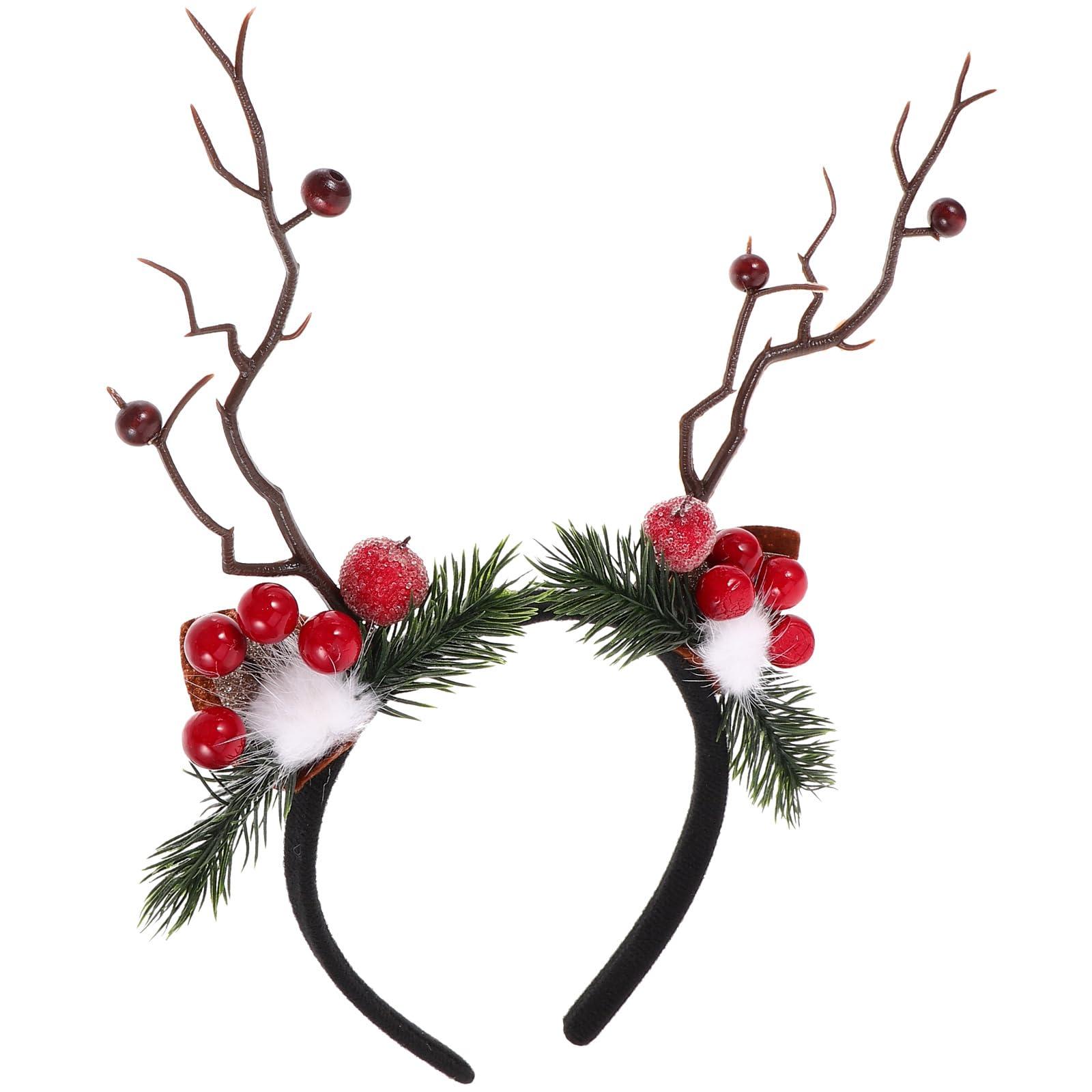 LOGOFUN LOGOFUN Christmas Antler Headband Xmas Antler Hair Band with Red Berries and Hairball Christmas Elk Horns Headdress for Women Girls Xmas Party Costume Hair Accessories