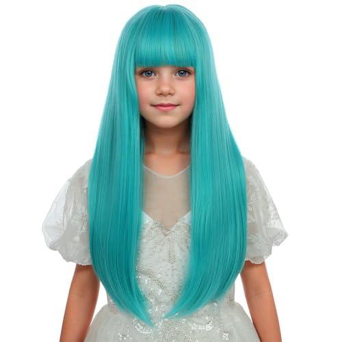 WAVELNM WAVELNM Kids Blue Wig with Bangs Girls Teal Blue Wig Child Bluish Green Long Wavy Wigs Kids Greenish Daily Halloween Cosplay Synthetic Wigs