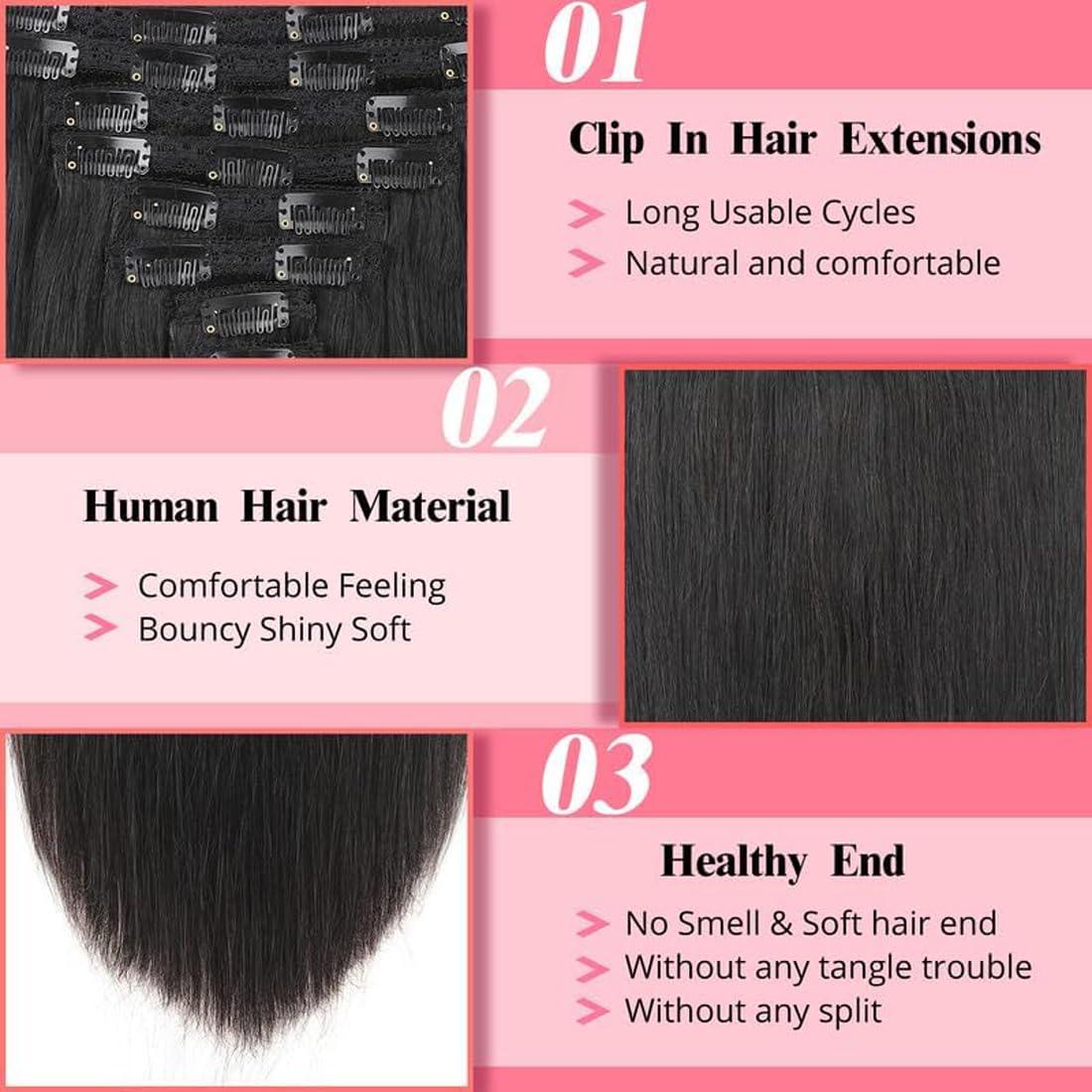 ShowJarlly Clip in Hair Extensions Real Human Hair Clip ins 100% Brazilian Remy Human Hair Extension for Women 8pcs Per Set with 20 Clips Double Weft (14 Inch #1B Natural Black)