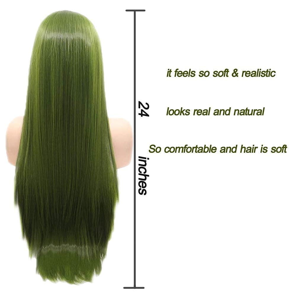 karissa Hair Green Wig Long Lace Front Wig for Women Olive Green Synthetic Wig Realistic Looking Handmade Straight Forest Green Lace Wigs Glueless Synthetic Heat Resistant Fiber Hair Cosplay 24 Inches
