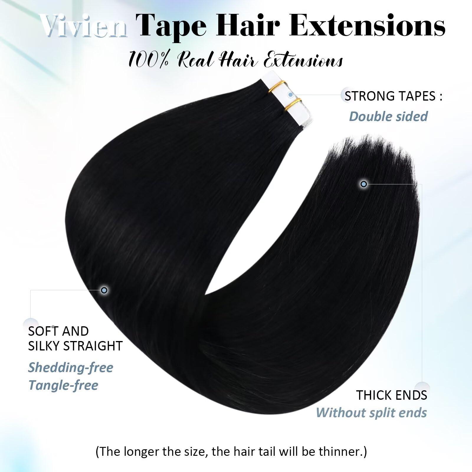 Vivien Vivien Tape in Hair Extensions Human Hair 24 Inch Invisible Real Human Hair Tape in Extensions Jet Black Tape in Extensions Reamy Hair Black Long Straight Human Hair 20pcs 50G