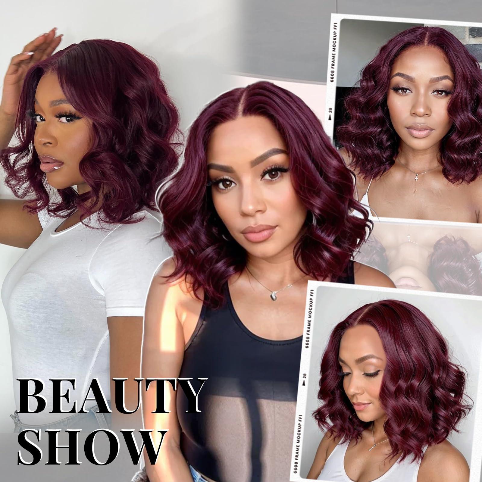 Tinashe Tinashe 99J Burgundy Bob Wig Human Hair 56 Frontal Lace Wig Human Hair Glueless Pre Plucked with Baby Hair Loose Body Bob Wigs for Black Women 180% Density Pre Cut Lace Pre Bleached Knots-12 inch