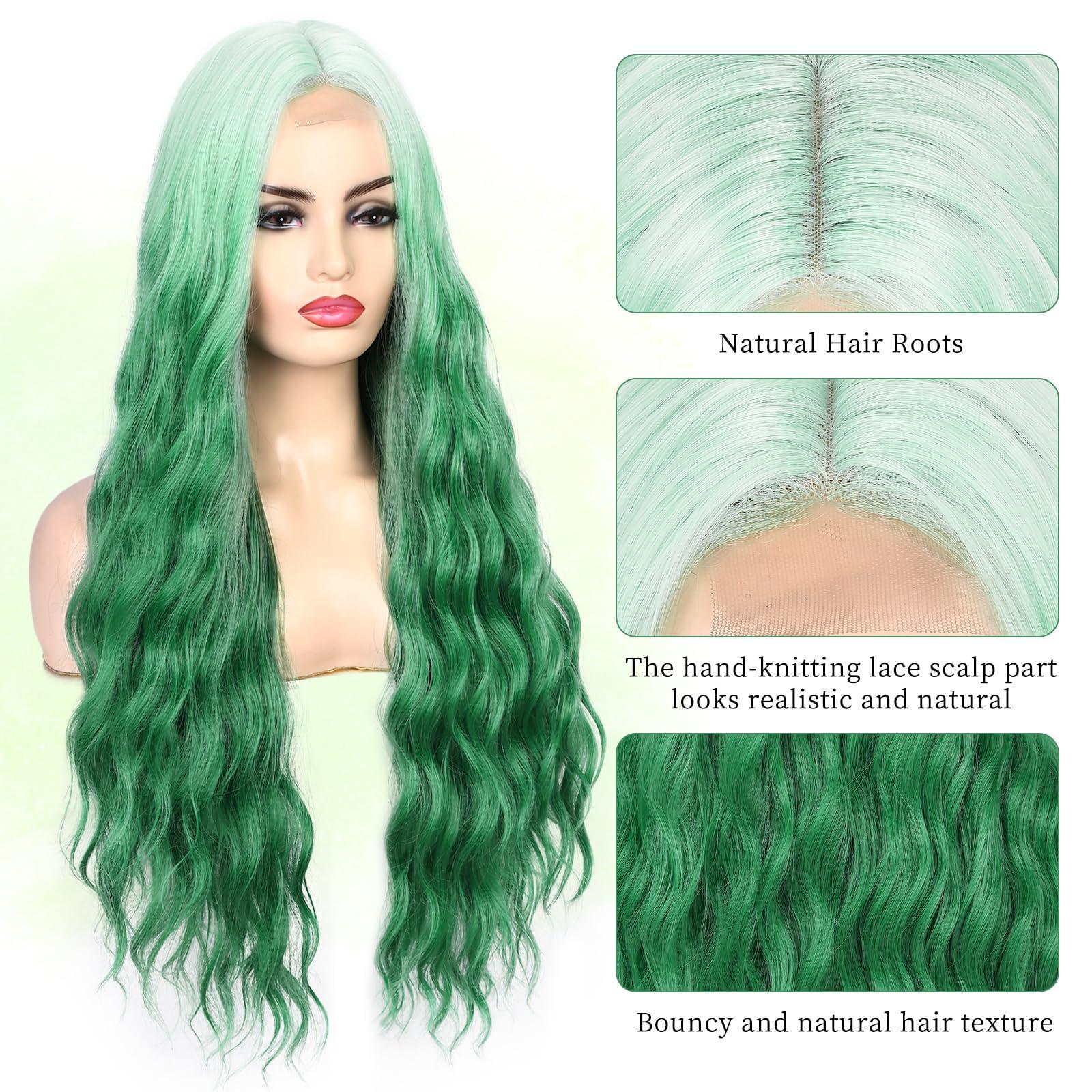 Lady Miranda Lady Miranda 28 Inch Ombre Green Wig Long Wavy Wig Natural Middle Part Green Wigs For Women Synthetic Wigs For Party or Daily Use (Ombre Green, 28 Inch)