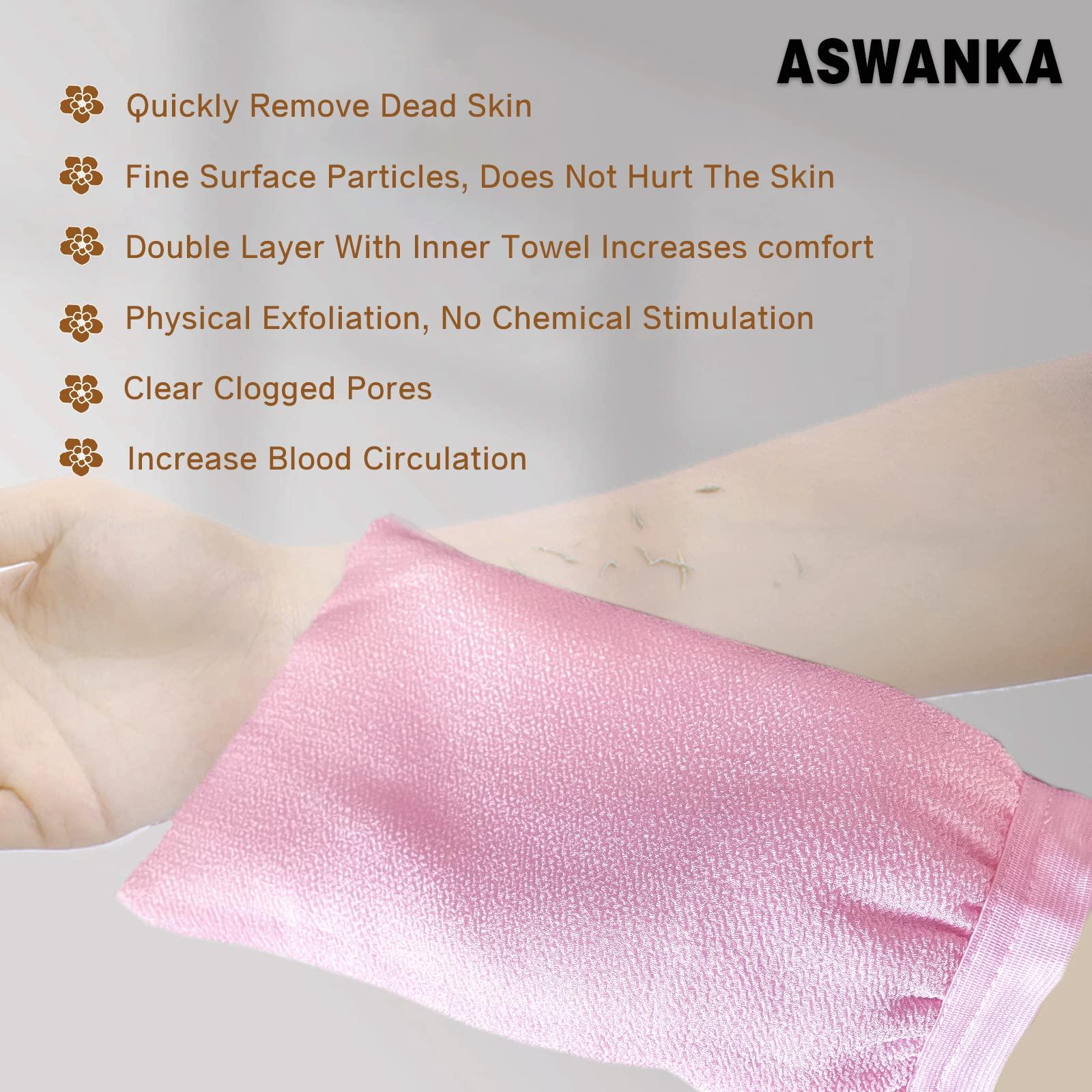 ASWANKA Korean Exfoliating Mitts(2pcs), Plant Based Exfoliating Gloves for Body Visibly Lift Away Dead Skin, 2 Layers Painless Remove Tan Spray, Keratosis Pilaris, Natural Material, Green