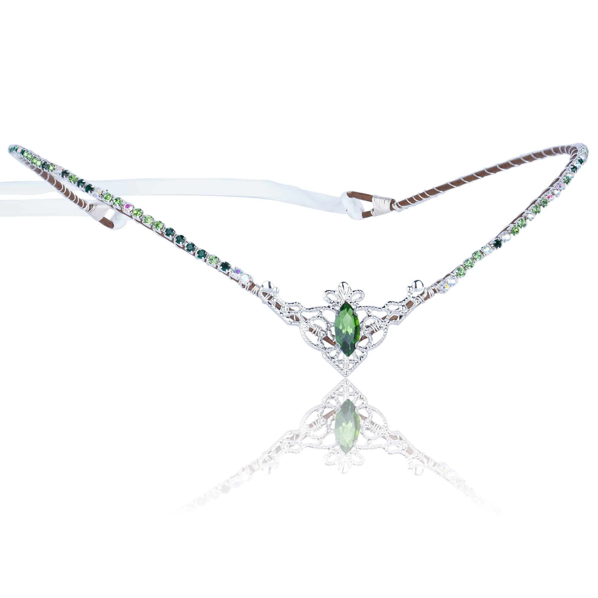 MOSTORY MOSTORY Handmade Green Crystal Tiara for Princess Wedding Rhinestone Fairy Crown Headband for Bridal Shower V-shape Woodland Elf Headpiece for Women Queen Bachelorette Party Medieval Fair Proms