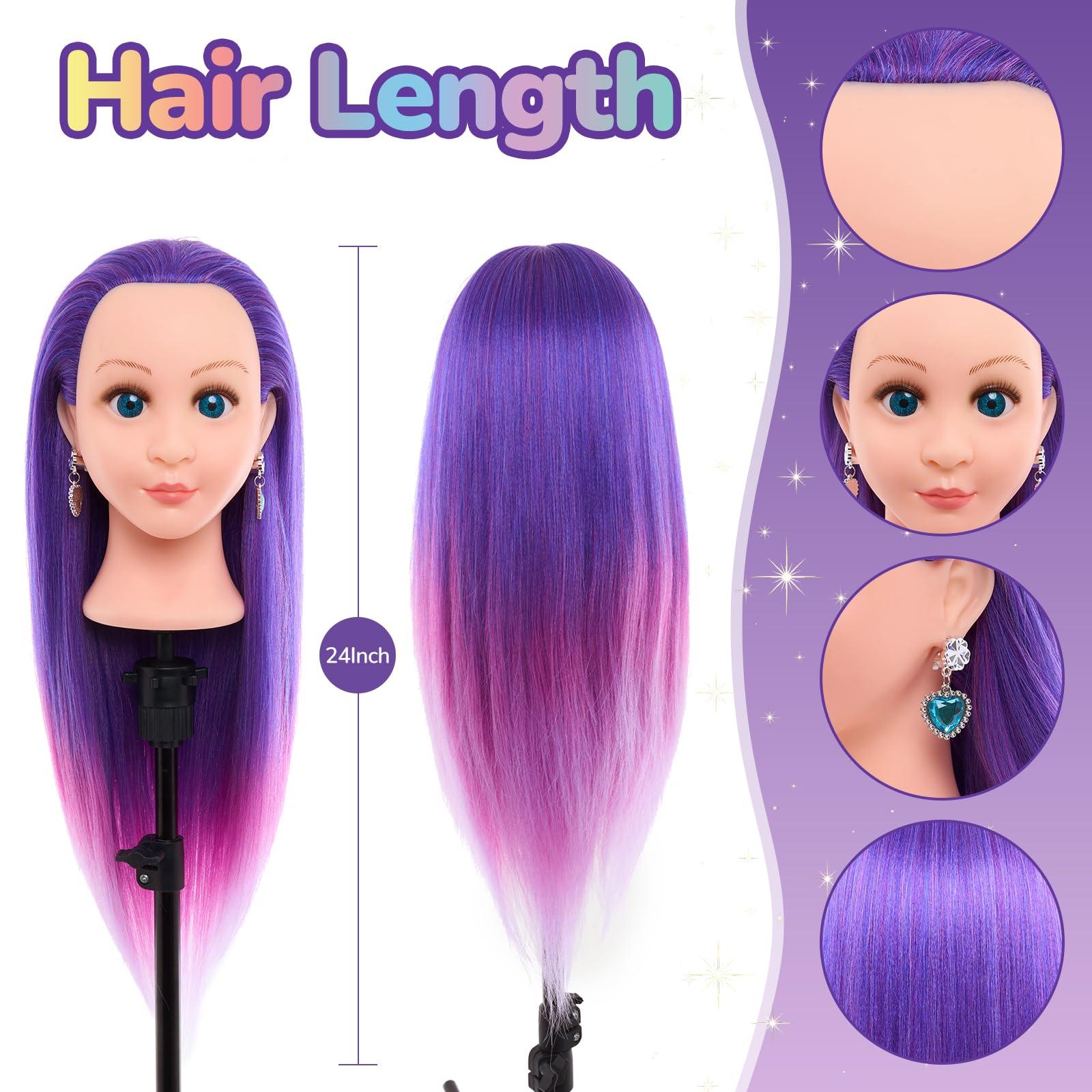 BettySmile 24Inch Doll Head for Hair Styling,Doll Mannequin Head with Hair Purple,Doll Styling Head For Braiding with Hair Styling Set,Table Clamp