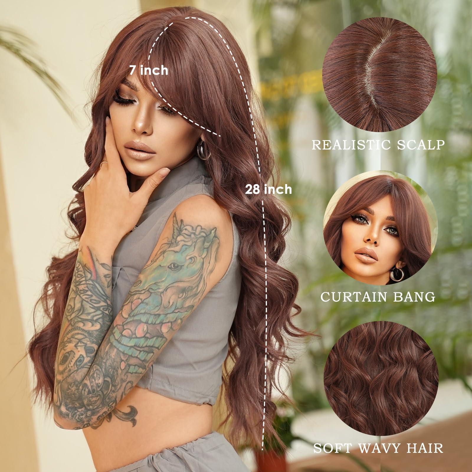 PARK YUN PARK YUN Long Wavy Reddish Brown Wigs With Bangs 28 Inch Chocolate Brown Side Part Curtain Bangs Heat Resistant Synthetic Wig Natural Looking Wigs for Women Daily Party Use