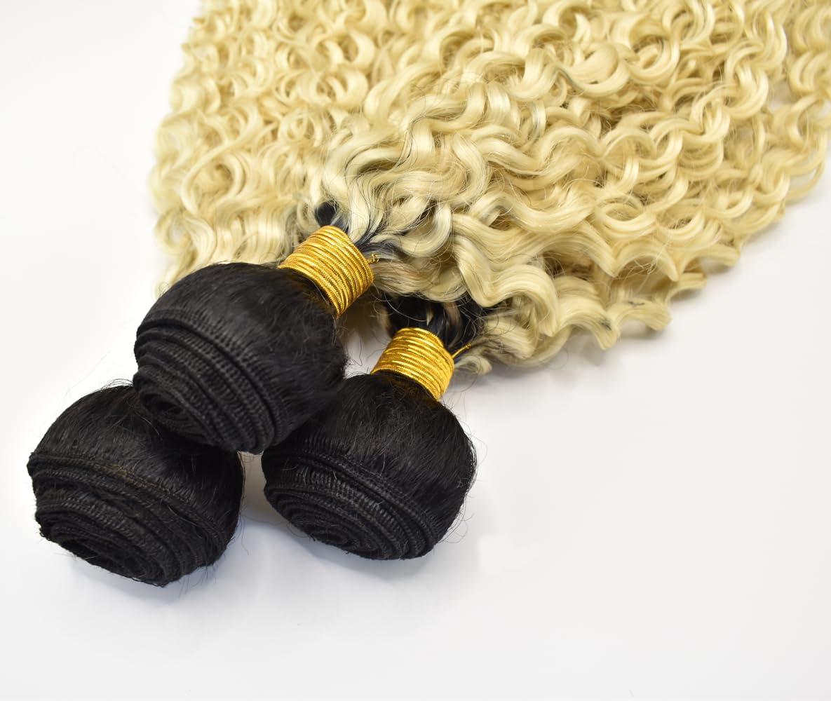 Juesoary Juesoary T1B/613 Curly Wave Brazilian Remy Human Hair Bundles With Baby Hair Hair Weave Unprocessed Virgin Hair Black To Blonde Hair Bundles 16 18 20 Inch