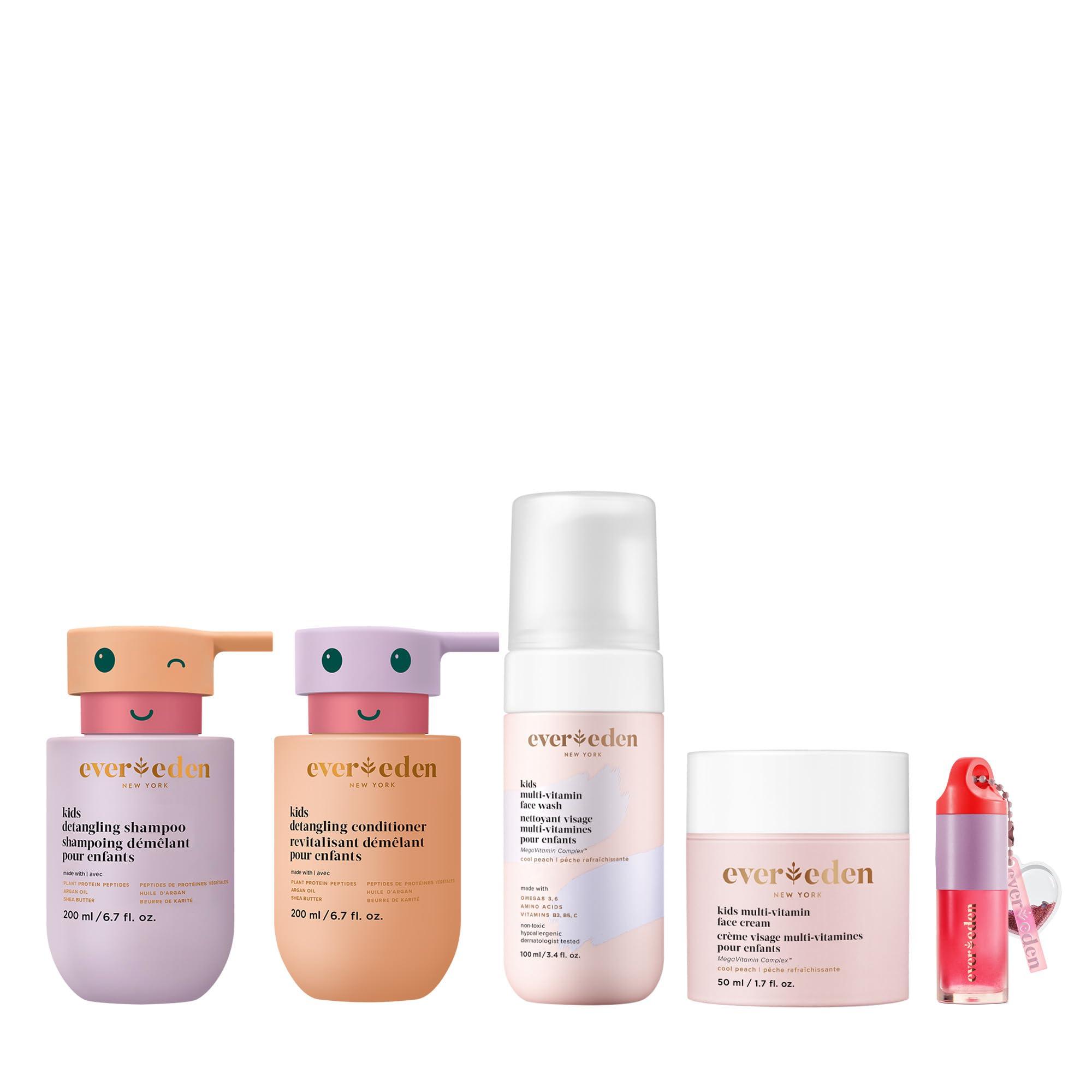Evereden Evereden Kids Routine Bundle & Non-Toxic Lip Gloss - Happy Hair Duo Detangling Kids Shampoo and Conditioner + Happy Face Duo Face Wash for Kids and Multi-Vitamin Kids Face Cream + Tinted Lip Gloss