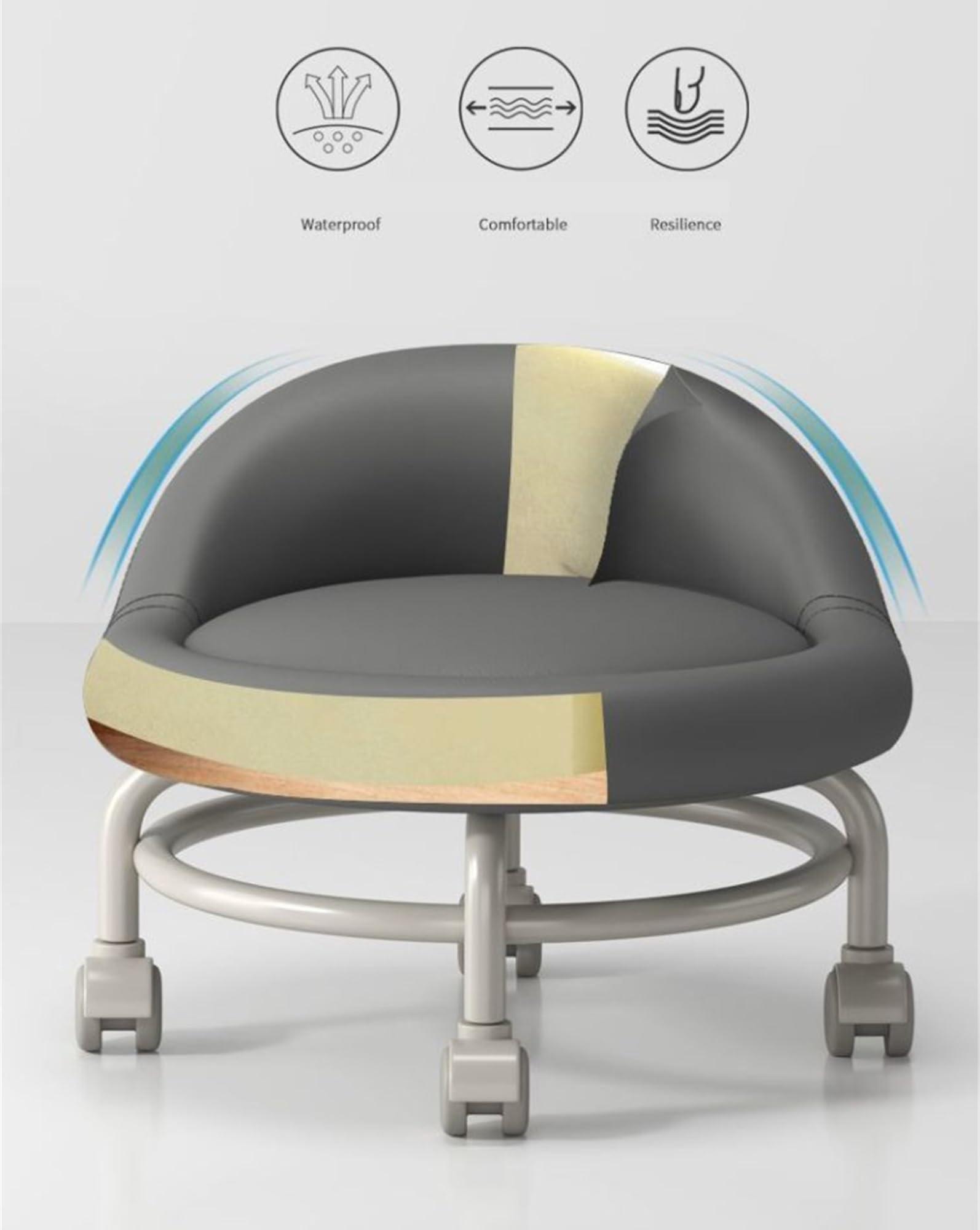 AMair Low Rolling Stool with Wheels and Backrest, Swivel Chair Stool PU Leather Sponge Padded Low Roller Seat Stool for Home Cleaning, Fitness, Laundry (Color : G)