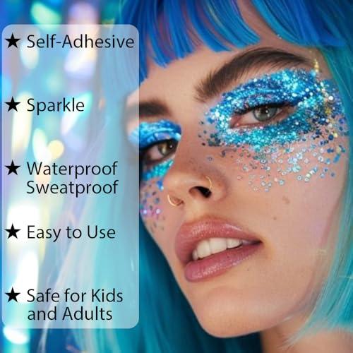 Mysense Mysense Blue Body Glitter Gel, Singer Concerts Glitter Makeup, Music Festival Rave Eye Hair Accessories, Chunky Glitter Mermaid Sequins, Sparkling Face Paint for Women, 30g