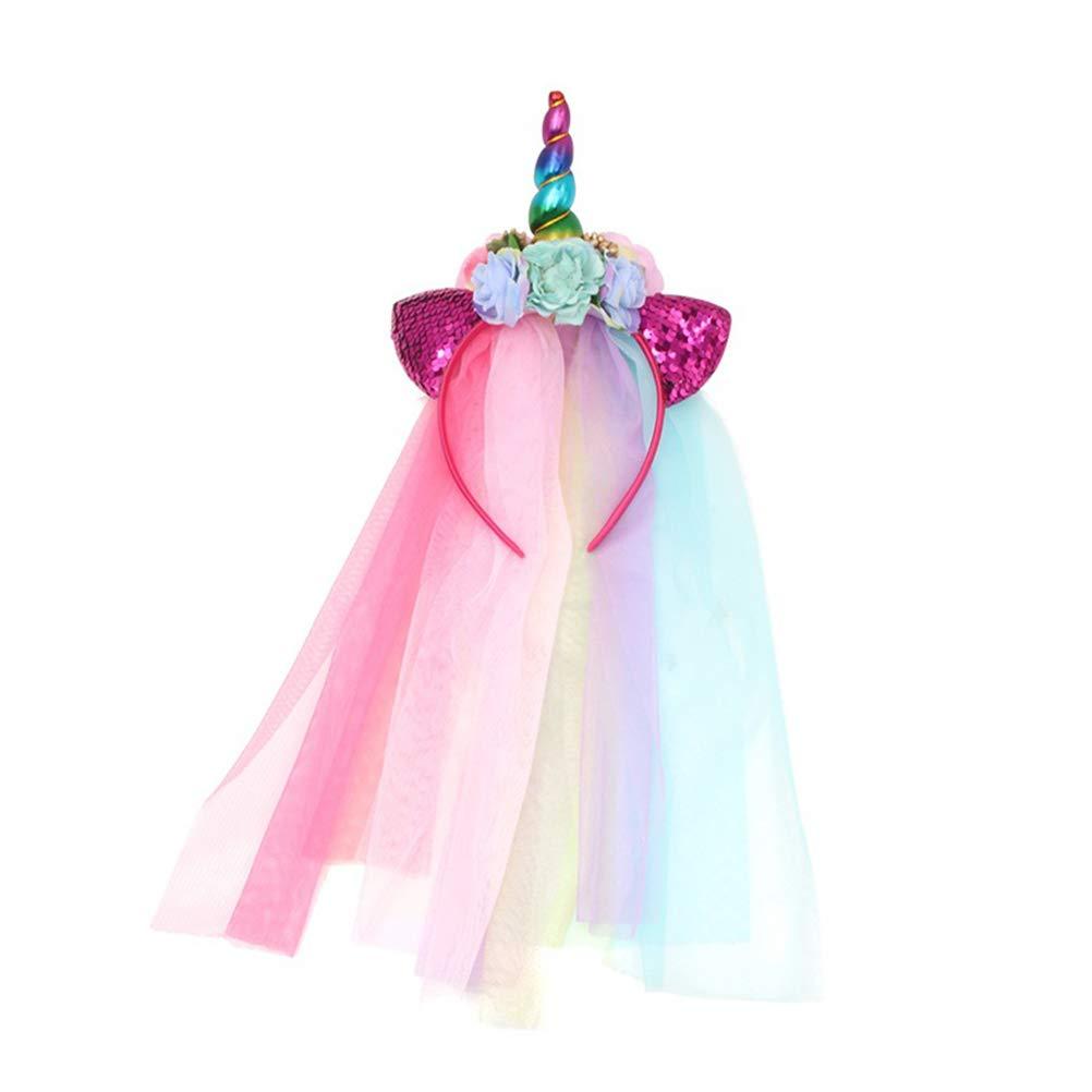 SaditY 2pcs Unicorn Headband with Veil Rainbow Unicorn Hair Hoop Gauze Flower Head Hoop for Girl