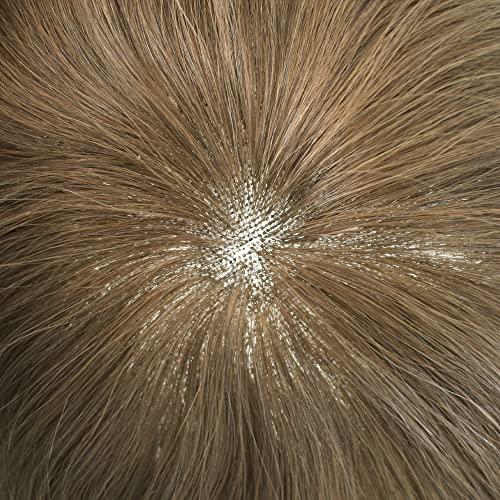 JUST HAIR Toupee for Men Human Hair Replacement Systems Full French Lace Mens Toupee Hairpieces Bleached Knots Swiss lace Hair Systems for Men All Lace Male Wig Unit(8X10\"-120% density#610 Light Brown with 10% Gray )
