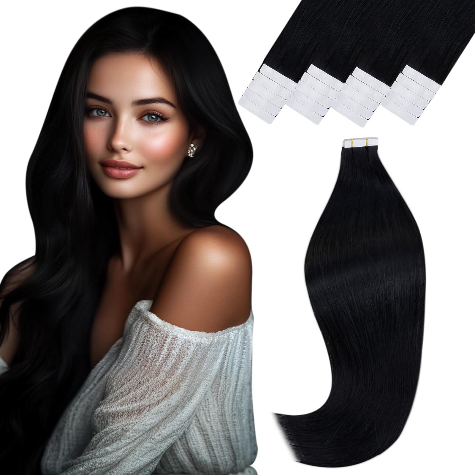 Vivien Vivien Tape in Hair Extensions Human Hair 24 Inch Invisible Real Human Hair Tape in Extensions Jet Black Tape in Extensions Reamy Hair Black Long Straight Human Hair 20pcs 50G