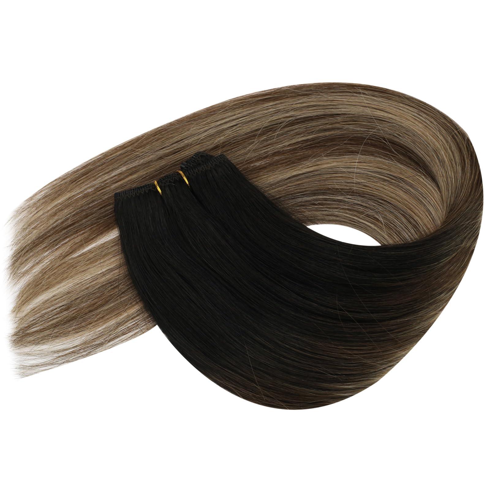 Sunny Hair Sunny Hair Beaded Weft Hair Extensions Human Hair 50G Micro Bead Weft Hair Extensions Real Human Hair Straight Weft Hair Extensions Easy Weft Natural Black to Dark Brown with Caramel Blonde 18inch