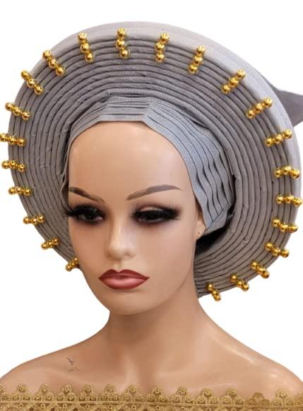 Generic African Women Fashion Wedding Head Turban African Nigerian Head Wraps Plain Auto Gele Turban (Gray)